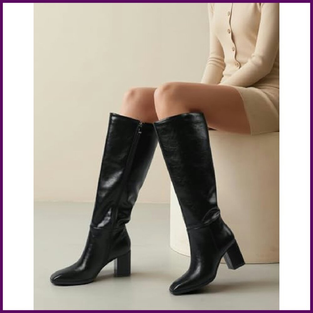 Knee High Boots Chunky Heel Square Toe 3 Inch Side Zipper Tall Boots - Picture 3 of 7